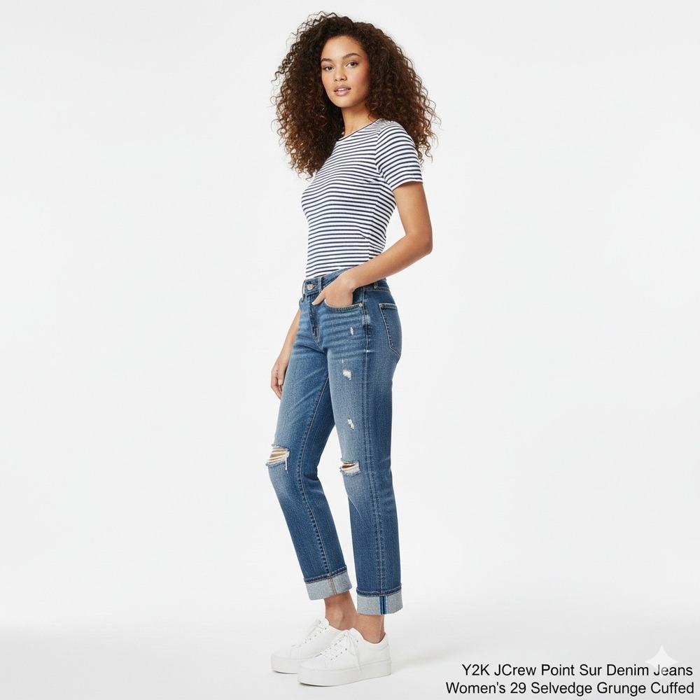 J Crew Point Sur Denim Jeans Womens 29 Selvedge Y2K Grunge Cuffed Distressed